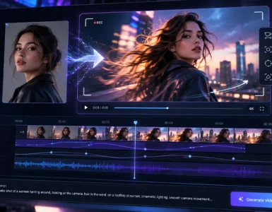 Higgsfield : image ou photo d'une interface futuriste de génération vidéo par intelligence artificielle avec Higgsfield AI, montrant la transformation d’une photo en vidéo animée, une timeline de montage et des commandes de mouvements de caméra cinématographiques.