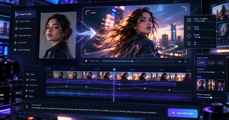 Higgsfield : image ou photo d'une interface futuriste de génération vidéo par intelligence artificielle avec Higgsfield AI, montrant la transformation d’une photo en vidéo animée, une timeline de montage et des commandes de mouvements de caméra cinématographiques.
