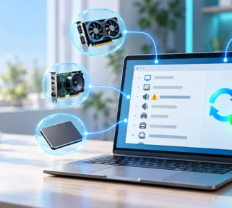Les pilotes : image ou photo d'un ordinateur portable affichant un gestionnaire de périphériques, entouré d’icônes de matériel reliées par des lignes lumineuses pour illustrer la mise à jour des pilotes sous Windows.