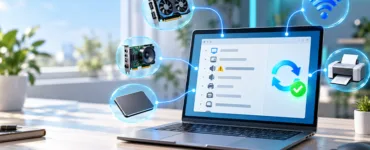 Les pilotes : image ou photo d'un ordinateur portable affichant un gestionnaire de périphériques, entouré d’icônes de matériel reliées par des lignes lumineuses pour illustrer la mise à jour des pilotes sous Windows.