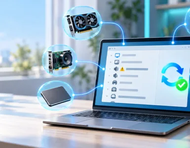 Les pilotes : image ou photo d'un ordinateur portable affichant un gestionnaire de périphériques, entouré d’icônes de matériel reliées par des lignes lumineuses pour illustrer la mise à jour des pilotes sous Windows.
