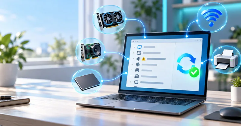 Les pilotes : image ou photo d'un ordinateur portable affichant un gestionnaire de périphériques, entouré d’icônes de matériel reliées par des lignes lumineuses pour illustrer la mise à jour des pilotes sous Windows.
