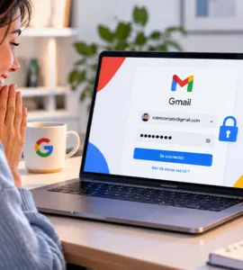 Mot de passe Gmail oublié : image ou photo d'une femme soulagée devant un ordinateur affichant Gmail, avec un smartphone confirmant la récupération du compte par code de vérification.