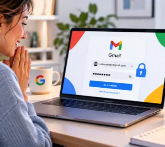 Mot de passe Gmail oublié : image ou photo d'une femme soulagée devant un ordinateur affichant Gmail, avec un smartphone confirmant la récupération du compte par code de vérification.