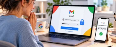 Mot de passe Gmail oublié : image ou photo d'une femme soulagée devant un ordinateur affichant Gmail, avec un smartphone confirmant la récupération du compte par code de vérification.