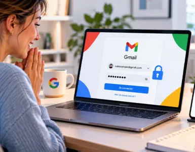 Mot de passe Gmail oublié : image ou photo d'une femme soulagée devant un ordinateur affichant Gmail, avec un smartphone confirmant la récupération du compte par code de vérification.
