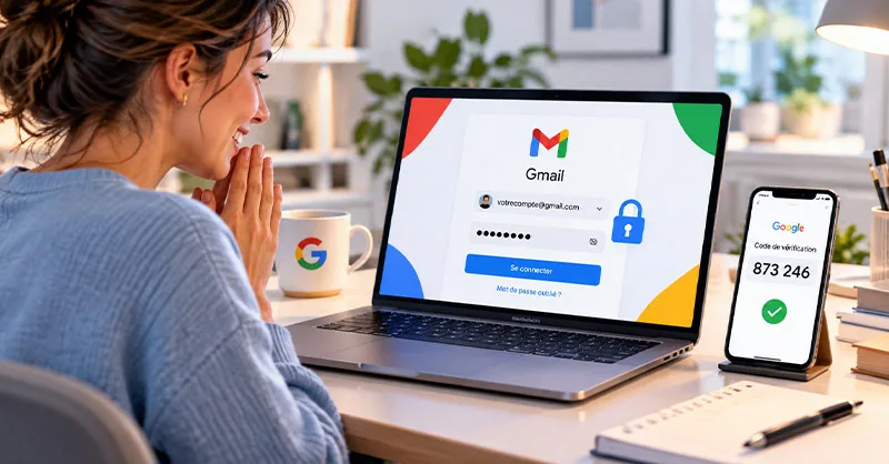 Mot de passe Gmail oublié : image ou photo d'une femme soulagée devant un ordinateur affichant Gmail, avec un smartphone confirmant la récupération du compte par code de vérification.