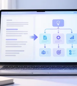 Napkin AI : image ou photo d'ordinateur portable affichant une interface d’intelligence artificielle inspirée de Napkin AI, transformant du texte en diagrammes, organigrammes et infographies, dans un bureau.
