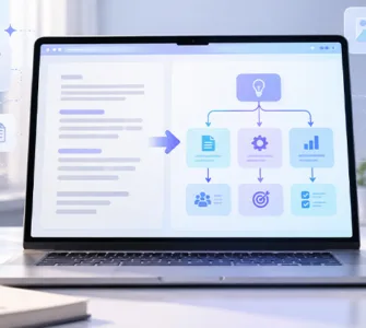 Napkin AI : image ou photo d'ordinateur portable affichant une interface d’intelligence artificielle inspirée de Napkin AI, transformant du texte en diagrammes, organigrammes et infographies, dans un bureau.