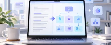 Napkin AI : image ou photo d'ordinateur portable affichant une interface d’intelligence artificielle inspirée de Napkin AI, transformant du texte en diagrammes, organigrammes et infographies, dans un bureau.