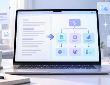Napkin AI : image ou photo d'ordinateur portable affichant une interface d’intelligence artificielle inspirée de Napkin AI, transformant du texte en diagrammes, organigrammes et infographies, dans un bureau.