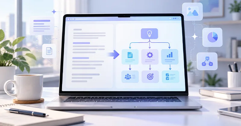 Napkin AI : image ou photo d'ordinateur portable affichant une interface d’intelligence artificielle inspirée de Napkin AI, transformant du texte en diagrammes, organigrammes et infographies, dans un bureau.
