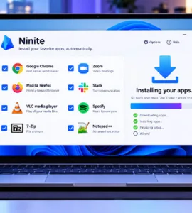 Ninite : image ou photo d'un ordinateur portable Windows 11 affichant Ninite pour installer automatiquement plusieurs logiciels comme Chrome, Firefox, VLC et 7-Zip.