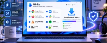 Ninite : image ou photo d'un ordinateur portable Windows 11 affichant Ninite pour installer automatiquement plusieurs logiciels comme Chrome, Firefox, VLC et 7-Zip.