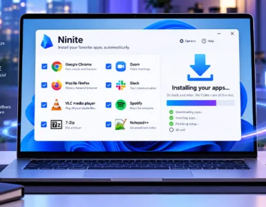 Ninite : image ou photo d'un ordinateur portable Windows 11 affichant Ninite pour installer automatiquement plusieurs logiciels comme Chrome, Firefox, VLC et 7-Zip.