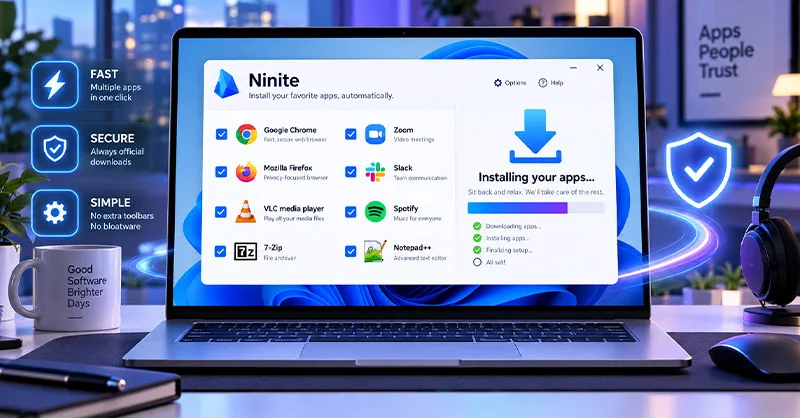 Ninite : image ou photo d'un ordinateur portable Windows 11 affichant Ninite pour installer automatiquement plusieurs logiciels comme Chrome, Firefox, VLC et 7-Zip.