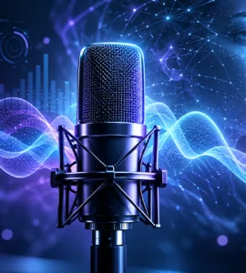 OmniVoice.app : image ou photo d'un microphone professionnel entouré d’ondes sonores lumineuses bleues et violettes, avec un visage humain numérique et une interface audio futuriste en arrière-plan, illustrant la génération de voix par intelligence artificielle.