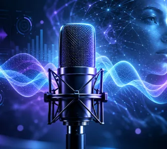 OmniVoice.app : image ou photo d'un microphone professionnel entouré d’ondes sonores lumineuses bleues et violettes, avec un visage humain numérique et une interface audio futuriste en arrière-plan, illustrant la génération de voix par intelligence artificielle.