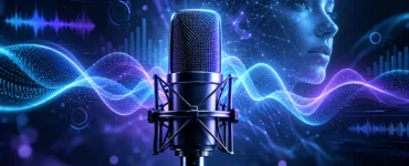 OmniVoice.app : image ou photo d'un microphone professionnel entouré d’ondes sonores lumineuses bleues et violettes, avec un visage humain numérique et une interface audio futuriste en arrière-plan, illustrant la génération de voix par intelligence artificielle.