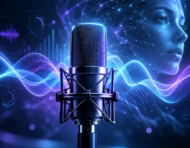 OmniVoice.app : image ou photo d'un microphone professionnel entouré d’ondes sonores lumineuses bleues et violettes, avec un visage humain numérique et une interface audio futuriste en arrière-plan, illustrant la génération de voix par intelligence artificielle.