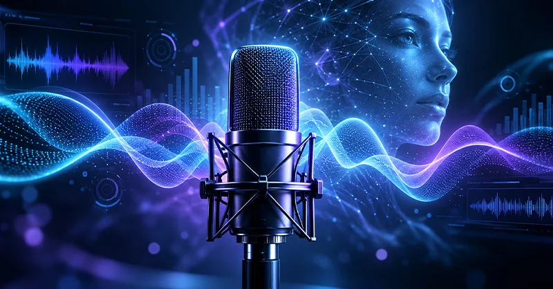OmniVoice.app : image ou photo d'un microphone professionnel entouré d’ondes sonores lumineuses bleues et violettes, avec un visage humain numérique et une interface audio futuriste en arrière-plan, illustrant la génération de voix par intelligence artificielle.