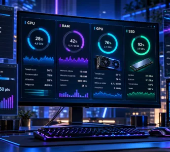 Performances de votre pc : image ou photo d'un ordinateur de bureau performant avec des tableaux de bord affichant les performances du processeur, de la RAM, de la carte graphique et du SSD, dans une ambiance technologique bleue et violette.