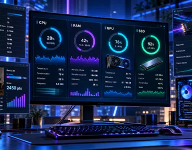 Performances de votre pc : image ou photo d'un ordinateur de bureau performant avec des tableaux de bord affichant les performances du processeur, de la RAM, de la carte graphique et du SSD, dans une ambiance technologique bleue et violette.