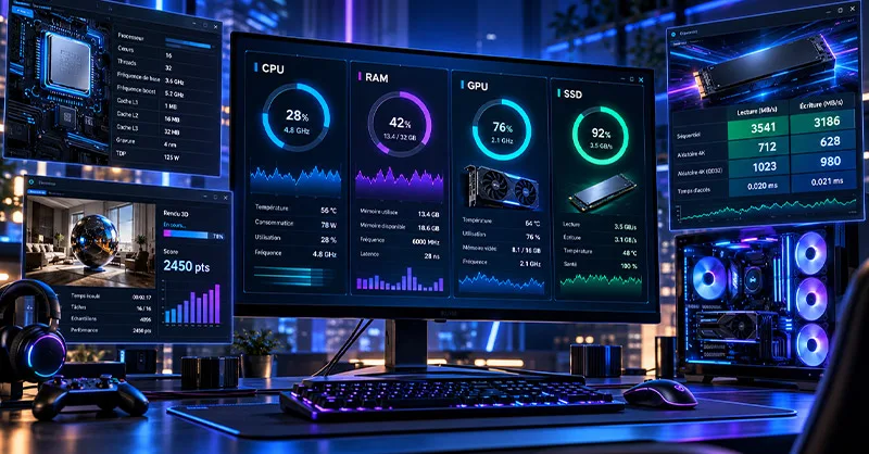 Performances de votre pc : image ou photo d'un ordinateur de bureau performant avec des tableaux de bord affichant les performances du processeur, de la RAM, de la carte graphique et du SSD, dans une ambiance technologique bleue et violette.