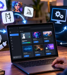 Pinokio : image ou photo d'utilisateur devant un ordinateur exécutant plusieurs outils d’intelligence artificielle en local, avec des applications IA reliées à un PC et une base de données.