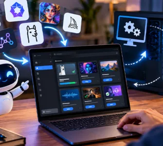 Pinokio : image ou photo d'utilisateur devant un ordinateur exécutant plusieurs outils d’intelligence artificielle en local, avec des applications IA reliées à un PC et une base de données.