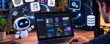 Pinokio : image ou photo d'utilisateur devant un ordinateur exécutant plusieurs outils d’intelligence artificielle en local, avec des applications IA reliées à un PC et une base de données.