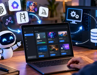 Pinokio : image ou photo d'utilisateur devant un ordinateur exécutant plusieurs outils d’intelligence artificielle en local, avec des applications IA reliées à un PC et une base de données.