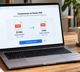 Réduire un PDF sans installer de programme : image ou photo affichant un ordinateur portable affichant la compression d’un fichier PDF de 25 Mo à 5 Mo en ligne, sans installation de logiciel.