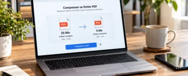Réduire un PDF sans installer de programme : image ou photo affichant un ordinateur portable affichant la compression d’un fichier PDF de 25 Mo à 5 Mo en ligne, sans installation de logiciel.