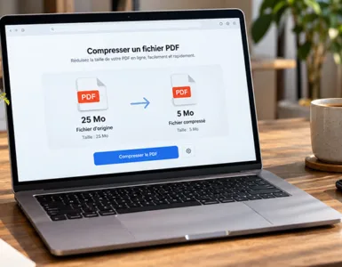Réduire un PDF sans installer de programme : image ou photo affichant un ordinateur portable affichant la compression d’un fichier PDF de 25 Mo à 5 Mo en ligne, sans installation de logiciel.