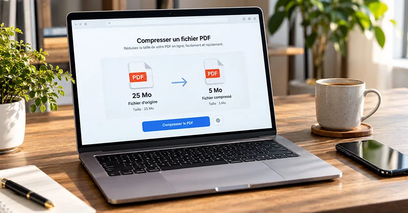 Réduire un PDF sans installer de programme : image ou photo affichant un ordinateur portable affichant la compression d’un fichier PDF de 25 Mo à 5 Mo en ligne, sans installation de logiciel.