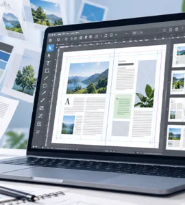 Scribus : image ou photo représentant un ordinateur affichant une interface de mise en page avec Scribus, entouré de documents, de palettes de couleurs et d’outils de création graphique.