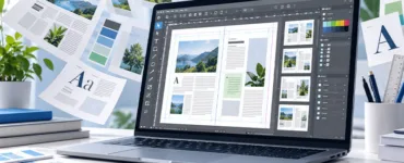 Scribus : image ou photo représentant un ordinateur affichant une interface de mise en page avec Scribus, entouré de documents, de palettes de couleurs et d’outils de création graphique.