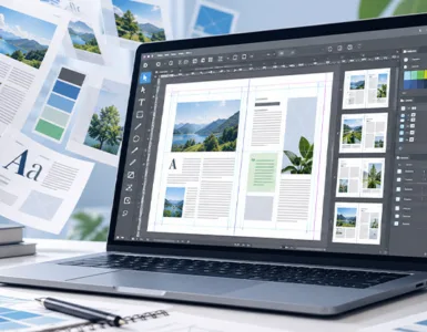 Scribus : image ou photo représentant un ordinateur affichant une interface de mise en page avec Scribus, entouré de documents, de palettes de couleurs et d’outils de création graphique.