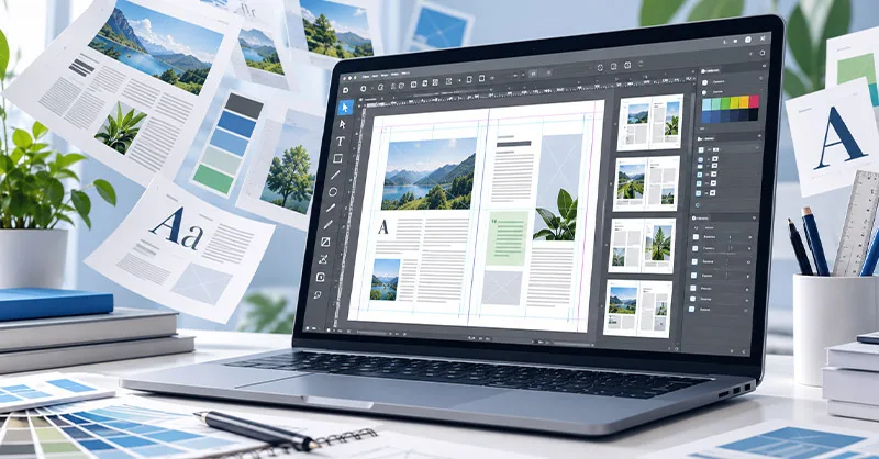 Scribus : image ou photo représentant un ordinateur affichant une interface de mise en page avec Scribus, entouré de documents, de palettes de couleurs et d’outils de création graphique.