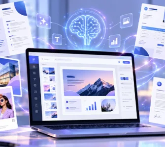 Template.net : image ou photo d'un Ordinateur portable affichant un éditeur de documents moderne, entouré de modèles de CV, facture, présentation, affiche et publication sociale.