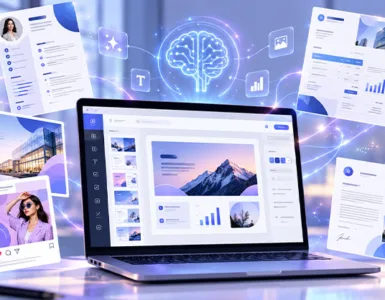 Template.net : image ou photo d'un Ordinateur portable affichant un éditeur de documents moderne, entouré de modèles de CV, facture, présentation, affiche et publication sociale.