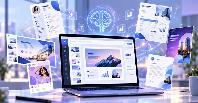 Template.net : image ou photo d'un Ordinateur portable affichant un éditeur de documents moderne, entouré de modèles de CV, facture, présentation, affiche et publication sociale.