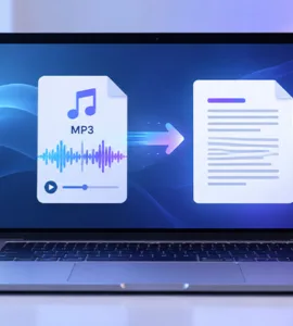 Transcrire un fichier MP3 en texte : image ou photo d'un ordinateur portable affichant la conversion d’un fichier MP3 avec onde sonore en document texte, accompagné d’un casque audio et d’un microphone.