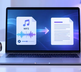 Transcrire un fichier MP3 en texte : image ou photo d'un ordinateur portable affichant la conversion d’un fichier MP3 avec onde sonore en document texte, accompagné d’un casque audio et d’un microphone.