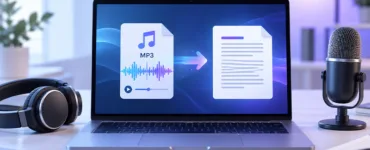 Transcrire un fichier MP3 en texte : image ou photo d'un ordinateur portable affichant la conversion d’un fichier MP3 avec onde sonore en document texte, accompagné d’un casque audio et d’un microphone.