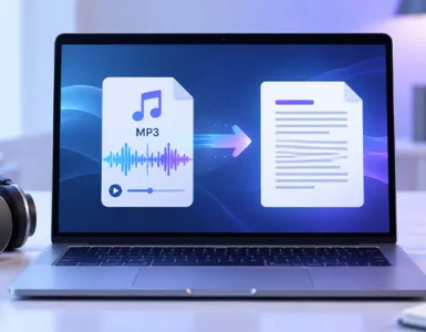 Transcrire un fichier MP3 en texte : image ou photo d'un ordinateur portable affichant la conversion d’un fichier MP3 avec onde sonore en document texte, accompagné d’un casque audio et d’un microphone.