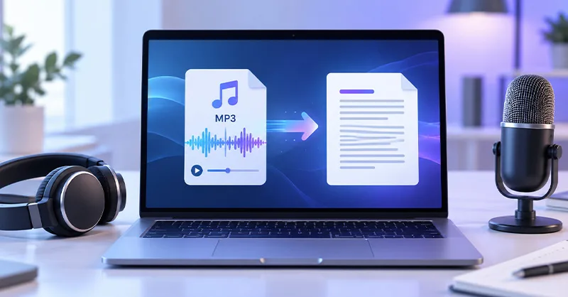 Transcrire un fichier MP3 en texte : image ou photo d'un ordinateur portable affichant la conversion d’un fichier MP3 avec onde sonore en document texte, accompagné d’un casque audio et d’un microphone.