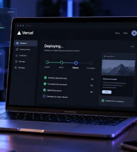 Vercel : image ou photo d'un ordinateur portable affichant le déploiement d’un site web sur Vercel, avec des éléments illustrant le cloud, l’hébergement web et la programmation.