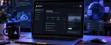 Vercel : image ou photo d'un ordinateur portable affichant le déploiement d’un site web sur Vercel, avec des éléments illustrant le cloud, l’hébergement web et la programmation.